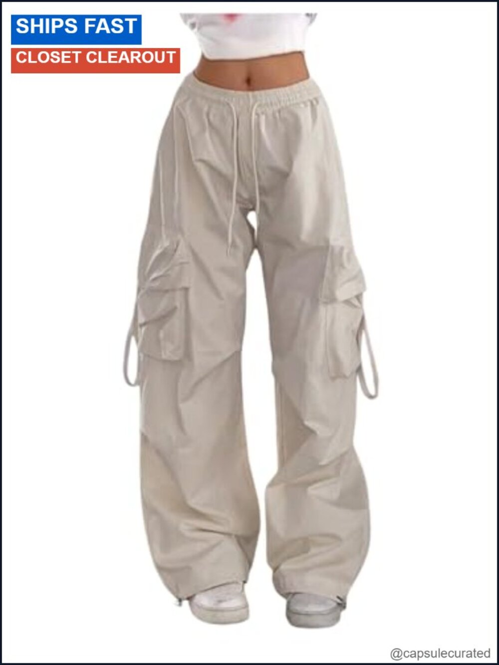 Women's Parachute Wide Leg Cargo Pants High Rise Drawstring Waist